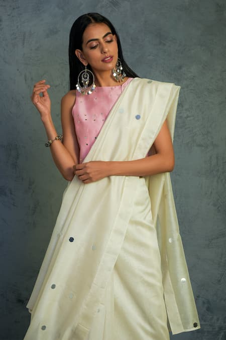 Buy_Charkhee_White Chanderi Round Embroidered Saree With Blouse  _Online_at_Aza_Fashions