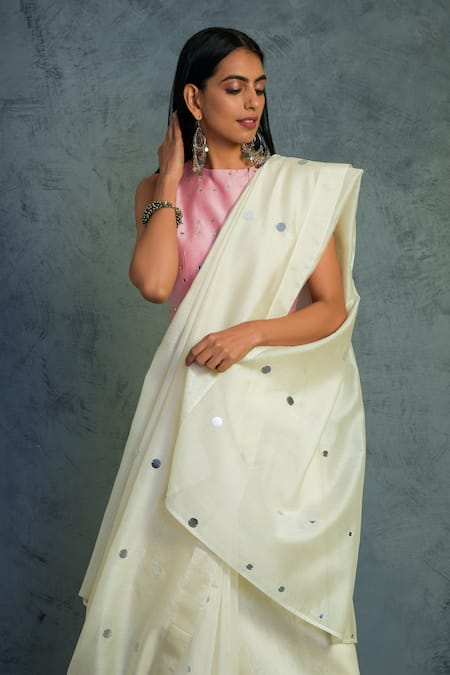 Shop_Charkhee_White Chanderi Round Embroidered Saree With Blouse  _Online_at_Aza_Fashions