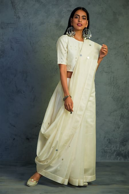 Charkhee_White Chanderi Round Embroidered Saree With Blouse  _Online_at_Aza_Fashions