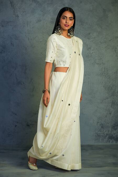 Buy_Charkhee_White Chanderi Round Embroidered Saree With Blouse  _Online_at_Aza_Fashions