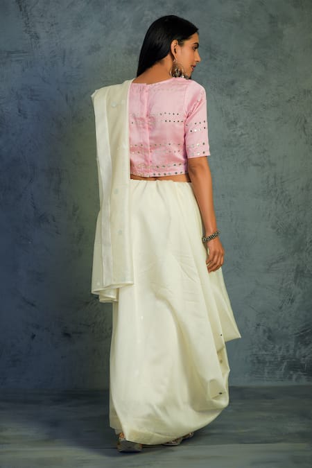 Shop_Charkhee_White Chanderi Round Embroidered Saree With Blouse  _at_Aza_Fashions