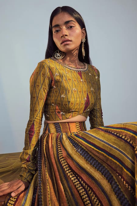 Buy_Drishti & Zahabia_Green Dupatta Net Lehenga And Blouse Dupion Silk Round Kalidar Set _Online_at_Aza_Fashions