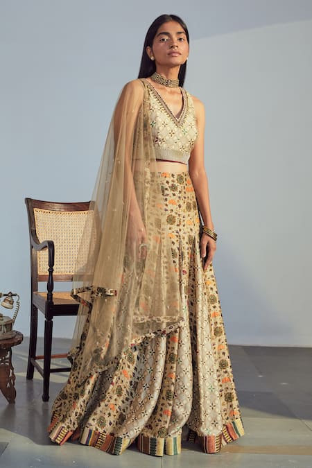 Off white printed dupion silk unstitched lehenga with dupatta - Fashion  Selection - 2042486