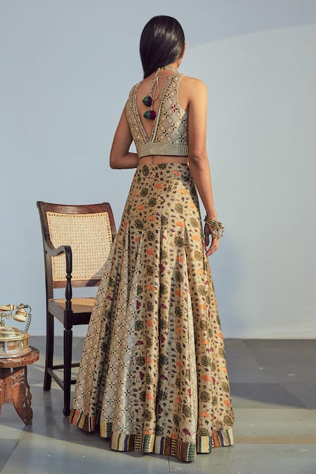 Shop_Drishti & Zahabia_Beige Dupatta Net Lehenga And Blouse Dupion Silk V Neck Panelled Set _at_Aza_Fashions