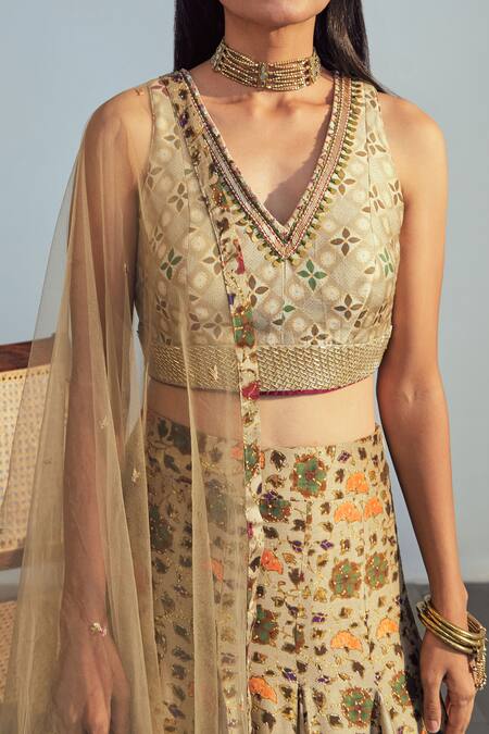 Shop_Drishti & Zahabia_Beige Dupatta Net Lehenga And Blouse Dupion Silk V Neck Panelled Set _Online_at_Aza_Fashions
