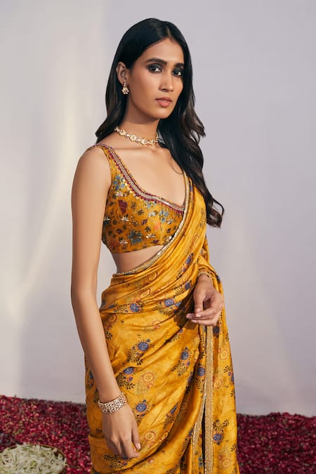 Buy_Drishti & Zahabia_Yellow Dupion Silk Leaf Neck Printed Saree With Blouse_Online_at_Aza_Fashions