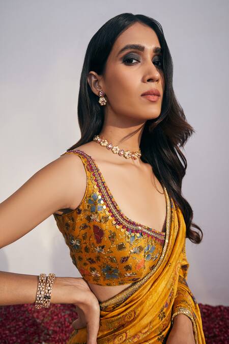 Shop_Drishti & Zahabia_Yellow Dupion Silk Leaf Neck Printed Saree With Blouse_Online_at_Aza_Fashions