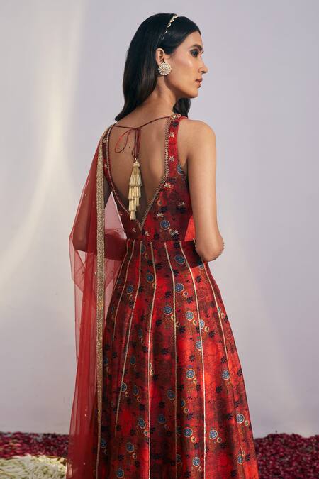 Buy_Drishti & Zahabia_Red Dupion  Dupatta Net Pant Chanderi V Floral Print Anarkali Set _Online_at_Aza_Fashions