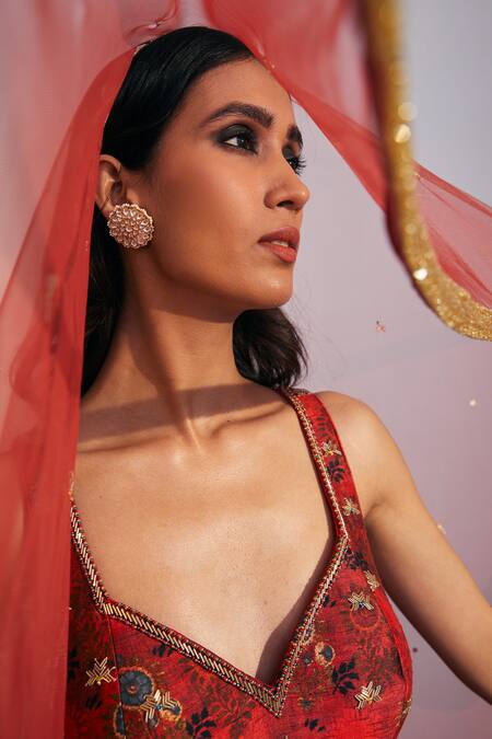 Shop_Drishti & Zahabia_Red Dupion  Dupatta Net Pant Chanderi V Floral Print Anarkali Set _Online_at_Aza_Fashions