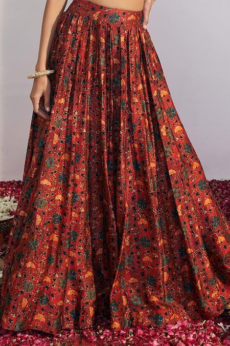 Shop_Drishti & Zahabia_Red Lehenga And Blouse Dupion Silk Dupatta Net V Neck Printed Set _Online_at_Aza_Fashions