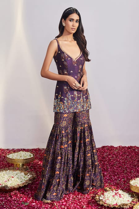Drishti & Zahabia Purple Dupion Silk Dupatta Net V Neck Floral Print Kurta Sharara Set Online at Aza Fashions Drishti & Zahabia_Purple Dupion Silk Dupatta Net V Neck Floral Print Kurta Sharara Set _Online_at_Aza_Fashions