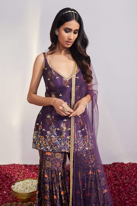 Buy Drishti & Zahabia Purple Dupion Silk Dupatta Net V Neck Floral Print Kurta Sharara Set Online at Aza Fashions Buy_Drishti & Zahabia_Purple Dupion Silk Dupatta Net V Neck Floral Print Kurta Sharara Set _Online_at_Aza_Fashions