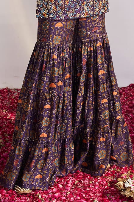 Shop Drishti & Zahabia Purple Dupion Silk Dupatta Net V Neck Floral Print Kurta Sharara Set Online at Aza Fashions Shop_Drishti & Zahabia_Purple Dupion Silk Dupatta Net V Neck Floral Print Kurta Sharara Set _Online_at_Aza_Fashions
