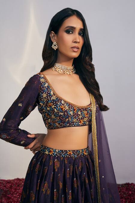 Drishti & Zahabia_Purple Lehenga And Blouse Dupion Silk Dupatta Net U Neck Printed Set_Online_at_Aza_Fashions