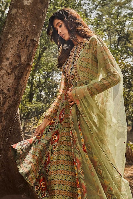 Drishti & Zahabia Chanderi Silk Ikat Print Anarkali Set