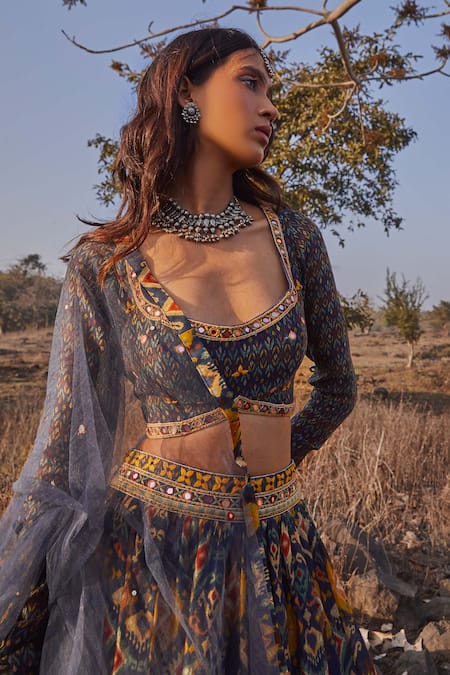 Drishti & Zahabia Blue Chanderi Silk Scoop Neck Ikat Print Lehenga Set Online at Aza Fashions Drishti & Zahabia_Blue Chanderi Silk Scoop Neck Ikat Print Lehenga Set_Online_at_Aza_Fashions