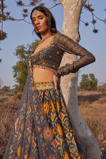 Buy Drishti & Zahabia Blue Chanderi Silk Scoop Neck Ikat Print Lehenga Set Online at Aza Fashions Buy_Drishti & Zahabia_Blue Chanderi Silk Scoop Neck Ikat Print Lehenga Set_Online_at_Aza_Fashions
