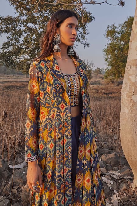 Drishti & Zahabia Blue Chanderi Silk Notched Lapel Ikat Print Jacket And Pant Set Online at Aza Fashions Drishti & Zahabia_Blue Chanderi Silk Notched Lapel Ikat Print Jacket And Pant Set_Online_at_Aza_Fashions