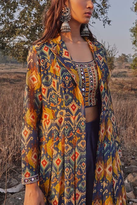 Buy Drishti & Zahabia Blue Chanderi Silk Notched Lapel Ikat Print Jacket And Pant Set Online at Aza Fashions Buy_Drishti & Zahabia_Blue Chanderi Silk Notched Lapel Ikat Print Jacket And Pant Set_Online_at_Aza_Fashions