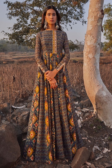 Drishti & Zahabia Blue Chanderi Silk Round Ikat Print Dress