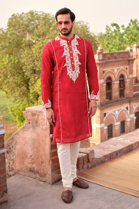 Shop_Nitesh Singh Chauhan_Red Chanderi Art Silk Hand Embroidered Kurta Set _Online_at_Aza_Fashions