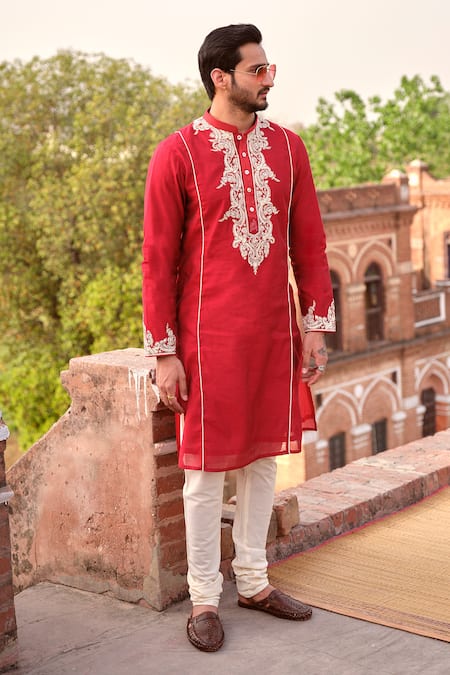 Buy_Nitesh Singh Chauhan_Red Chanderi Art Silk Hand Embroidered Kurta Set _Online_at_Aza_Fashions