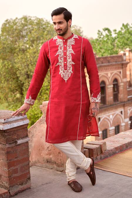 Nitesh Singh Chauhan_Red Chanderi Art Silk Hand Embroidered Kurta Set _Online_at_Aza_Fashions
