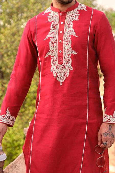 Nitesh Singh Chauhan_Red Chanderi Art Silk Hand Embroidered Kurta Set _at_Aza_Fashions