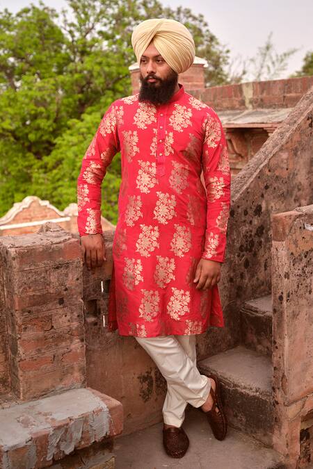 Buy_Nitesh Singh Chauhan_Red Pure Silk Brocade Floral Woven Kurta And Pant Set _Online_at_Aza_Fashions