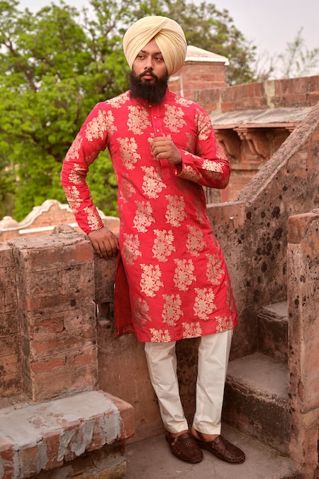 Shop_Nitesh Singh Chauhan_Red Pure Silk Brocade Floral Woven Kurta And Pant Set _Online_at_Aza_Fashions