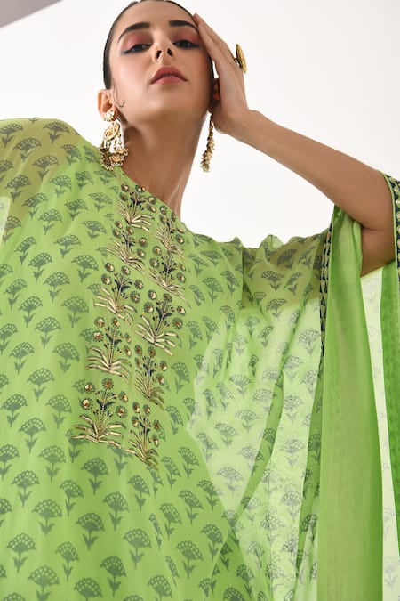 Shop Pooja Rajgarhia Gupta Green Crepe, Georgette Round Printed Kaftan Tunic And Pant Set Online at Aza Fashions Shop_Pooja Rajgarhia Gupta_Green Crepe, Georgette Round Printed Kaftan Tunic And Pant Set _Online_at_Aza_Fashions