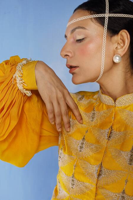 Eclat By Prerika Jalan_Yellow Georgette, Chanderi, Chiffon Embroidered Jacket And Anarkali Set _Online_at_Aza_Fashions