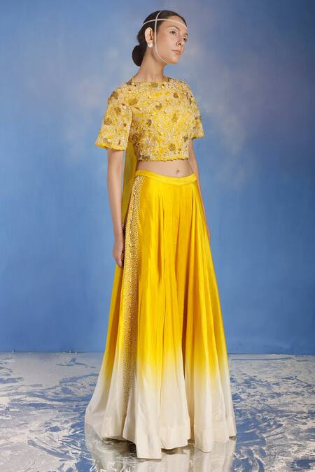 Eclat By Prerika Jalan_Yellow Satin Organza, Mysore Silk Bead Work High Embroidered Choli And Lehenga Set _Online_at_Aza_Fashions