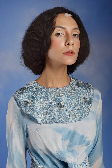 Eclat By Prerika Jalan_Blue Chanderi, Satin Organza, Silk Chiffon Bead Tie Dye Peplum Top Sharara Set _Online_at_Aza_Fashions