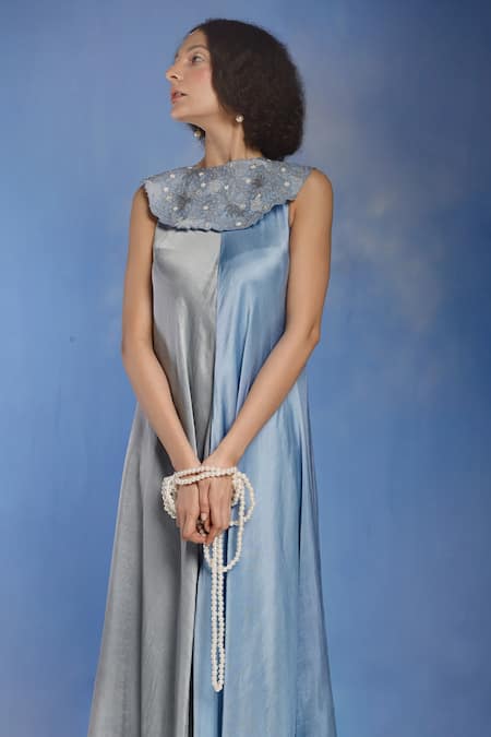 Eclat By Prerika Jalan_Blue Organza, Silk Bead , Thread Colour Block Gown With _Online_at_Aza_Fashions