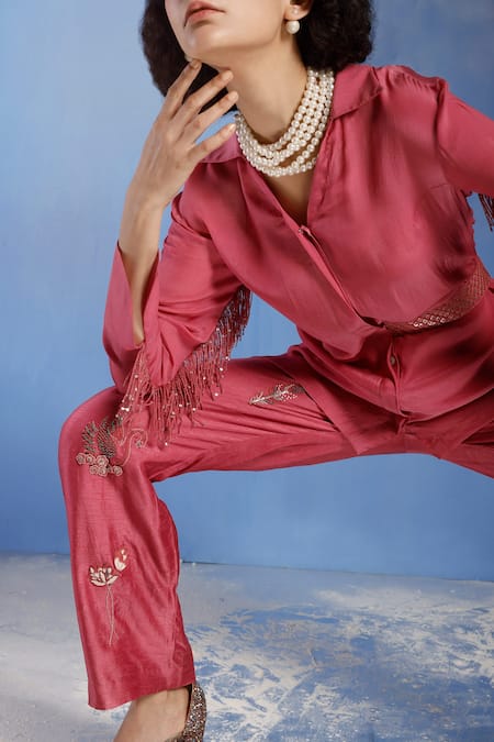Eclat By Prerika Jalan_Pink Crepe Embroidered Bead Work Straight Collar Pant Set And Belt _Online_at_Aza_Fashions