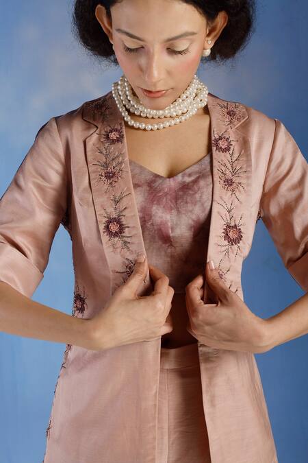 Eclat By Prerika Jalan_Pink Satin Linen Cutdana , Thread Shawl Embroidered Jacket Pant Set _Online_at_Aza_Fashions