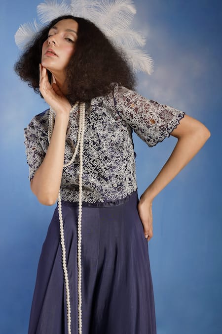 Eclat By Prerika Jalan_Purple Crepe Embroidered Bead Work High Neck Flared Jumpsuit And Top Set _Online_at_Aza_Fashions