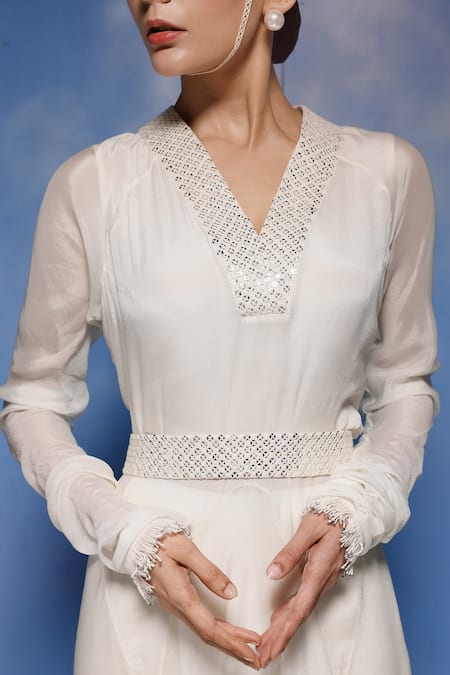 Eclat By Prerika Jalan_White Satin Organza, Mysore , Chiffon Sequins V Asymmetric Kurta Set _Online_at_Aza_Fashions