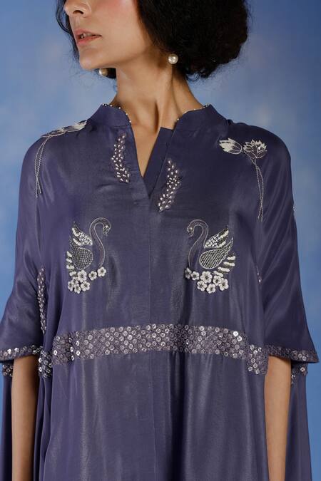 Eclat By Prerika Jalan_Purple Crepe Embroidered Bead Work Mandarin Collar Cape Style Tunic And Pant Set _Online_at_Aza_Fashions