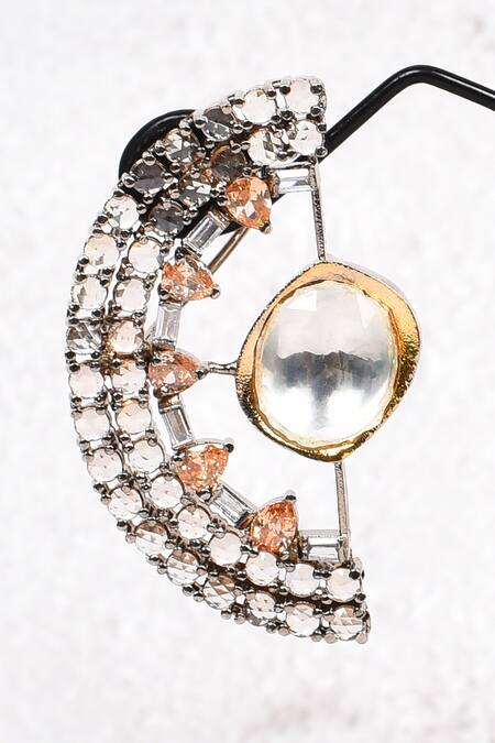 Buy_Nepra By Neha Goel_Black Zircon And Polki Semi-circular Shape Studs_Online_at_Aza_Fashions