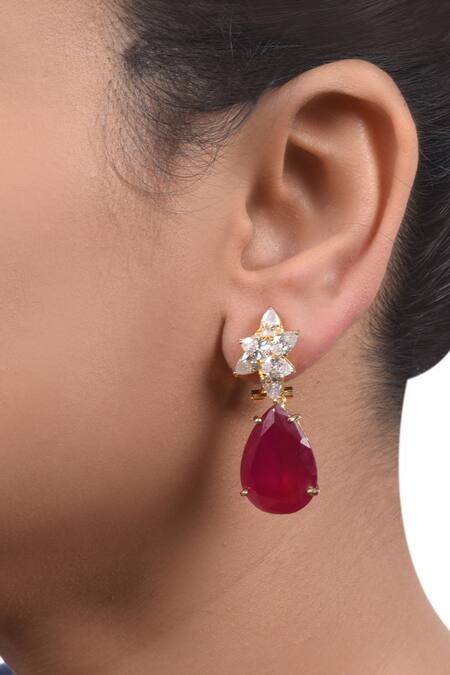 Shop_Mon Tresor_Gold Plated Stone Floral Danglers_at_Aza_Fashions