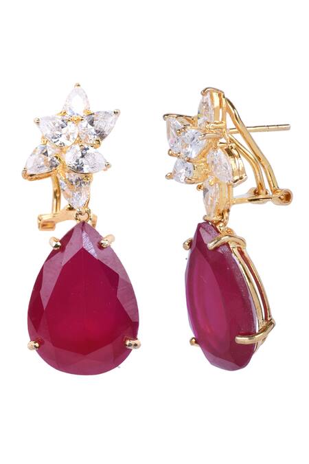 Mon Tresor_Gold Plated Stone Floral Danglers_Online_at_Aza_Fashions