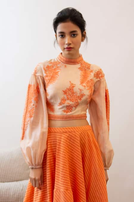 Labbada Orange Chanderi Silk Band Collar Embroidered Top