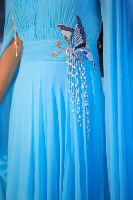 Shop House Of Tushaom Blue Georgette Embroidery Sequin Leaf Neck Cape Sleeve Draped Gown Online at Aza Fashions Shop_House Of Tushaom_Blue Georgette Embroidery Sequin Leaf Neck Cape Sleeve Draped Gown _Online_at_Aza_Fashions