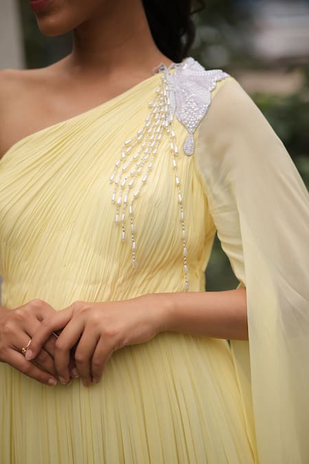 Shop House Of Tushaom Yellow Georgette, Net Pearls Asymmetric One Shoulder Embroidered Draped Gown Online at Aza Fashions Shop_House Of Tushaom_Yellow Georgette, Net Pearls Asymmetric One Shoulder Embroidered Draped Gown _Online_at_Aza_Fashions