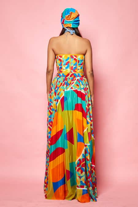 Shop Esha L Amin Multi Color Crepe Geometric Sweetheart Neck Pattern Corset Crop Top at Aza Fashions Shop_Esha L Amin_Multi Color Crepe Geometric Sweetheart Neck Pattern Corset Crop Top_at_Aza_Fashions