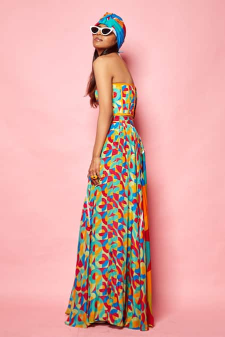 Esha L Amin_Multi Color Crepe Geometric Pattern Flared Skirt_Online_at_Aza_Fashions