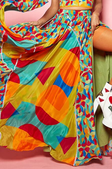 Buy_Esha L Amin_Multi Color Crepe Geometric Pattern Flared Skirt_Online_at_Aza_Fashions