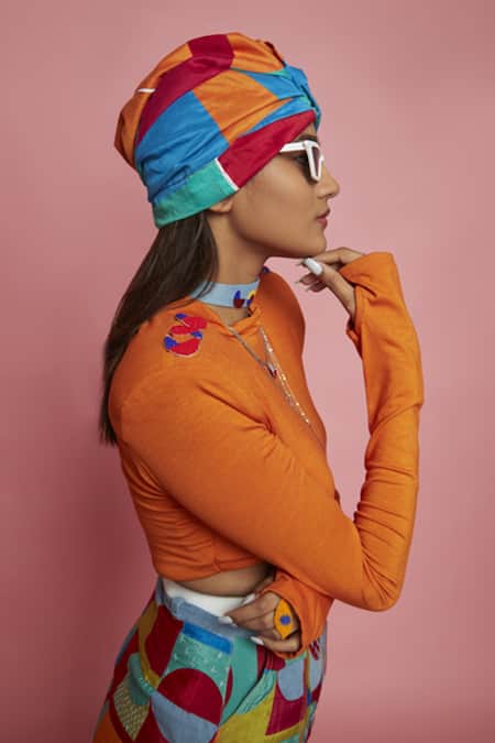 Esha L Amin Orange Knit Bead Work Round Crop Top Online at Aza Fashions Esha L Amin_Orange Knit Bead Work Round Crop Top _Online_at_Aza_Fashions